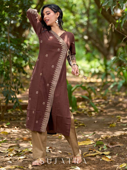 Modern Brown Cotton Overlapping Kurta with Statement Border Hand Block Design