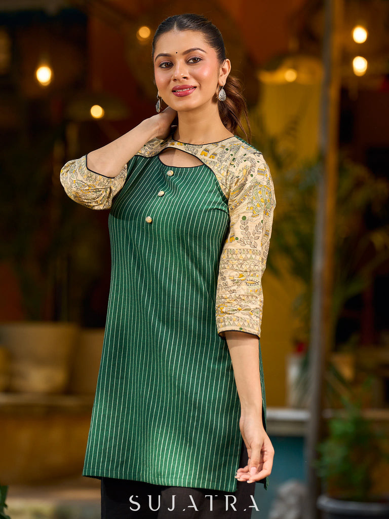 Vibrant green Ikat Madhubani short kurta featuring a stylish cut neckline