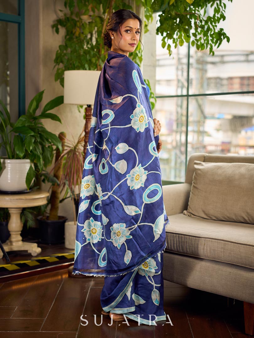 Minimalist Navy Pure Silk Saree with Painted Floral Pallu & Light Blue Trim