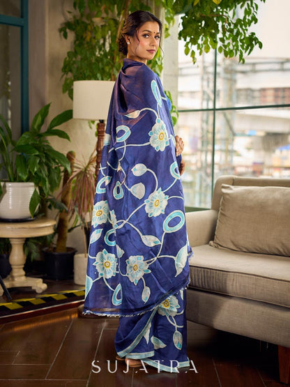 Minimalist Navy Pure Silk Saree with Painted Floral Pallu & Light Blue Trim
