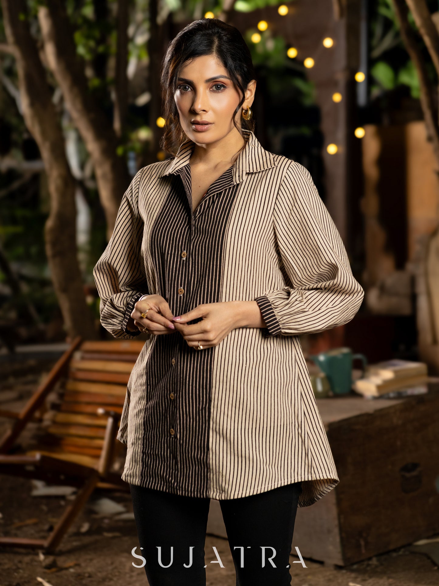 Classic Cream and Black Ajrakh Lines Shirt