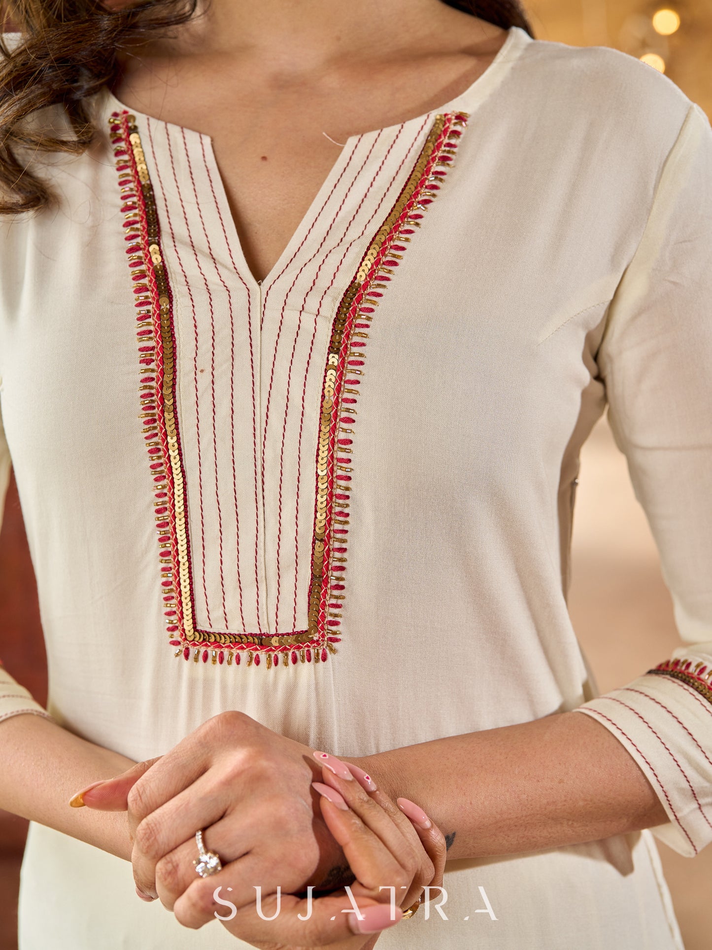 Hand embroidered off-white rayon kurta with delicate artistic detailing-pant optional