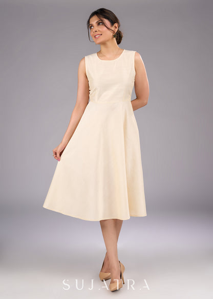Elegant Cream Cotton Silk Sleeveless Dress - Embroidered Shrug optional