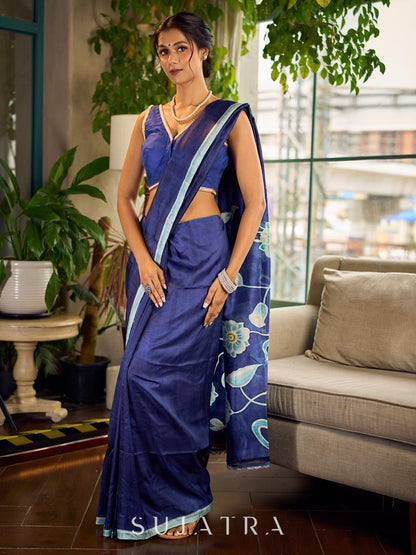 Minimalist Navy Pure Silk Saree with Painted Floral Pallu & Light Blue Trim