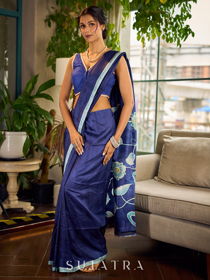 Minimalist Navy Pure Silk Saree with Painted Floral Pallu & Light Blue Trim