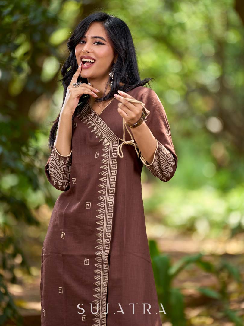 Modern Brown Cotton Overlapping Kurta with Statement Border Hand Block Design