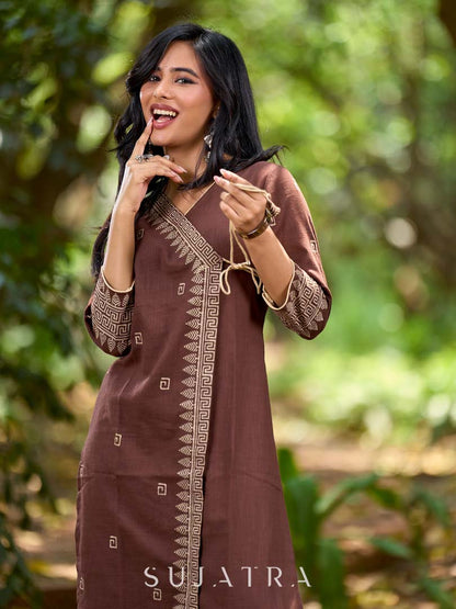 Modern Brown Cotton Overlapping Kurta with Statement Border Hand Block Design