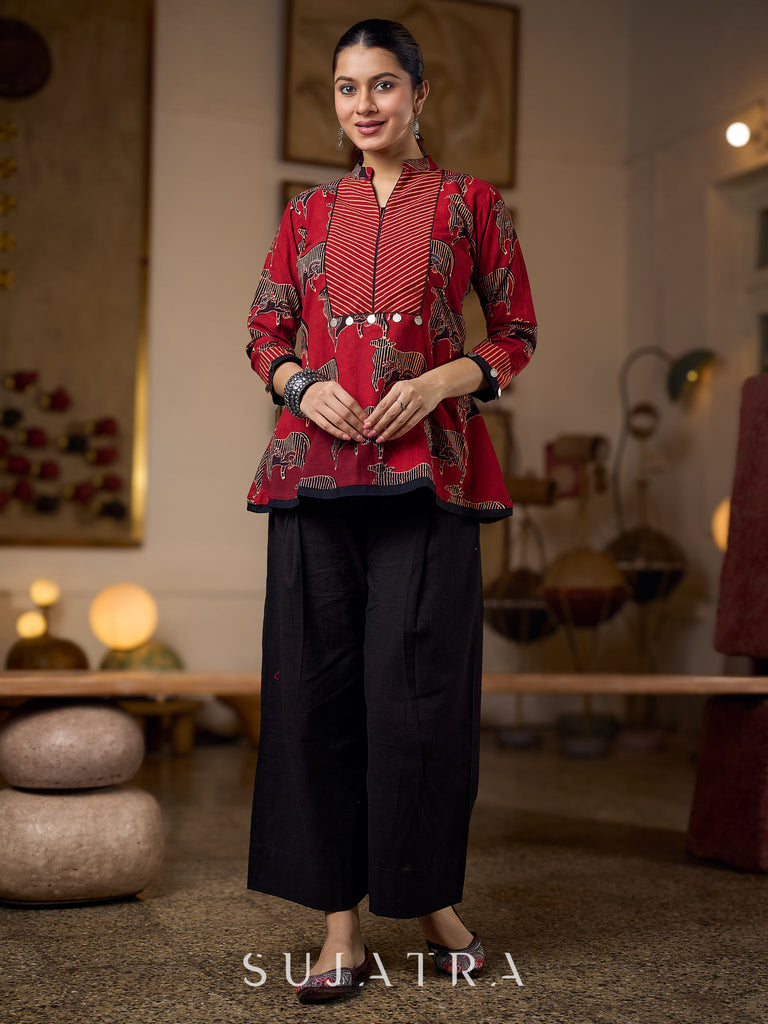 Luxe Maroon Ajrakh Animal Motif Top with Maroon Line Yoke and Silver Embellishments