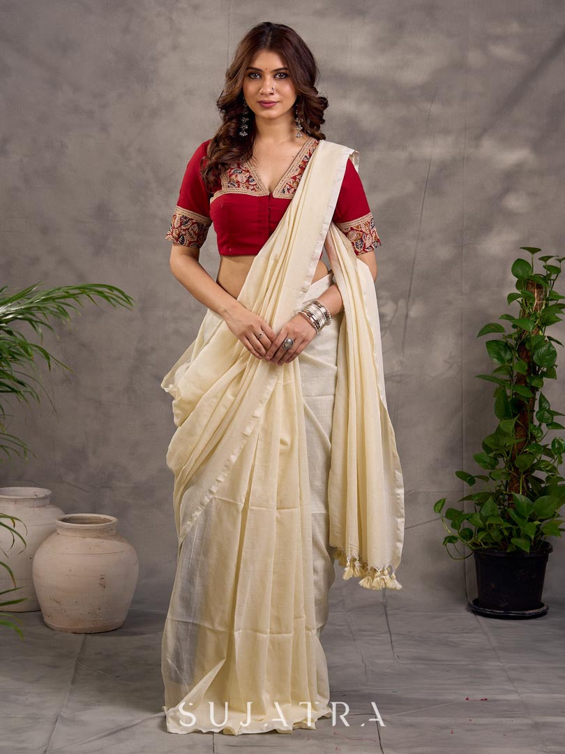 Maroon Cotton Short Sleeve Blouse with Kalamkari Printed Neckline and Sleeve Border Detail
