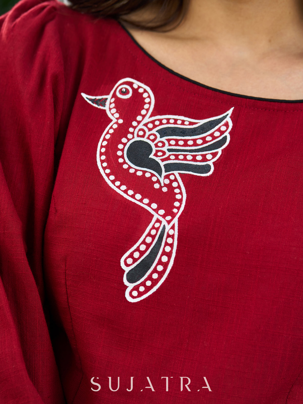 Dussehra Sale — Mystical Maroon Cotton Boat Neck Flared Dress with Artistic Bird Hand-Painting and Contrasting Black Belt