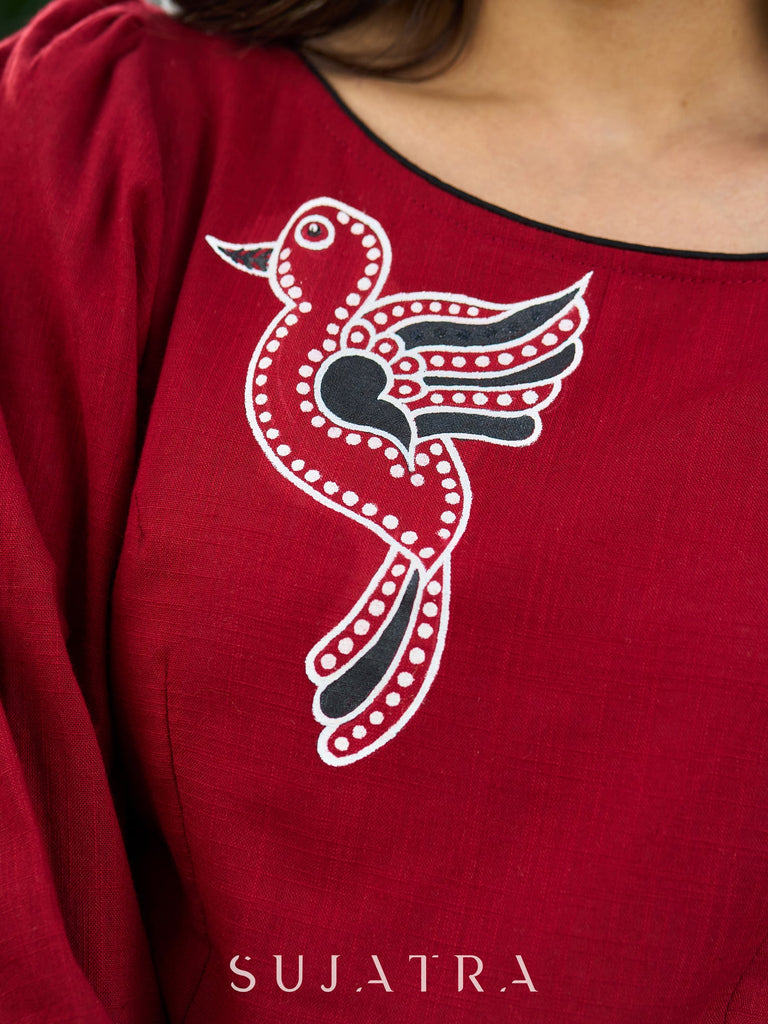 Mystical Maroon Cotton Boat Neck Flared Dress with Artistic Bird Hand-Painting and Contrasting Black Belt