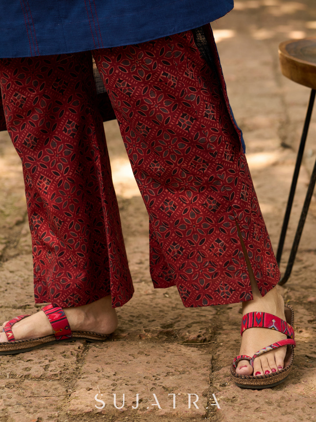 Indigo Charm Handcrafted Cotton Kurta with Contrast Kantha Lines, Contrast Piping & Ajrakh Interfacing - Dupatta & Pant Optional