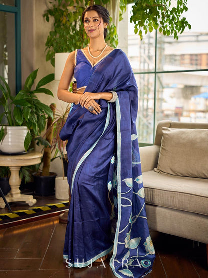 Vibrant Blue Cotton Silk Sleeveless Blouse with Pearl Lace Embellishment