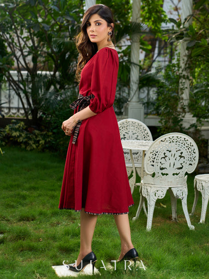 Mystical Maroon Cotton Boat Neck Flared Dress with Artistic Bird Hand-Painting and Contrasting Black Belt