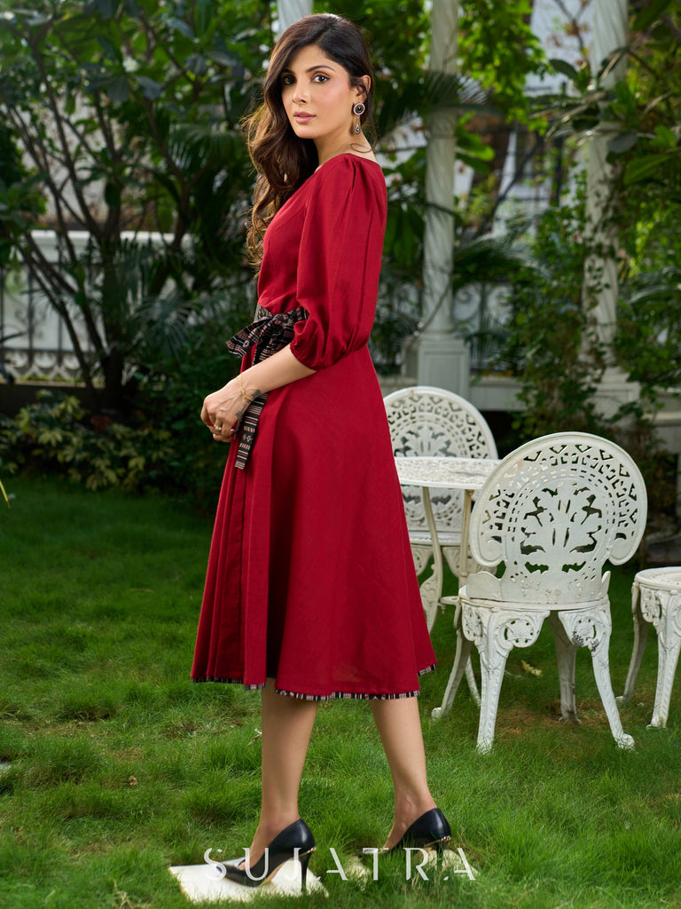 Mystical Maroon Cotton Boat Neck Flared Dress with Artistic Bird Hand-Painting and Contrasting Black Belt