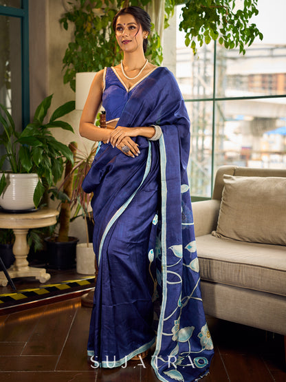 Minimalist Navy Pure Silk Saree with Painted Floral Pallu & Light Blue Trim