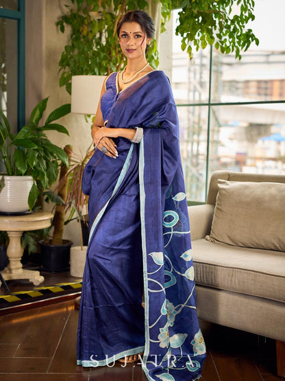 Minimalist Navy Pure Silk Saree with Painted Floral Pallu & Light Blue Trim