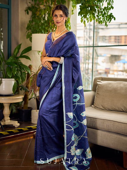 Minimalist Navy Pure Silk Saree with Painted Floral Pallu & Light Blue Trim
