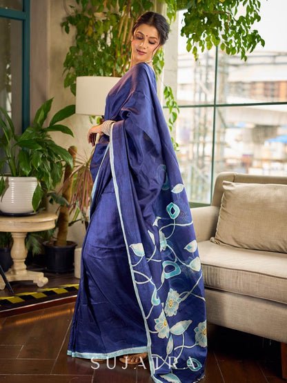 Minimalist Navy Pure Silk Saree with Painted Floral Pallu & Light Blue Trim