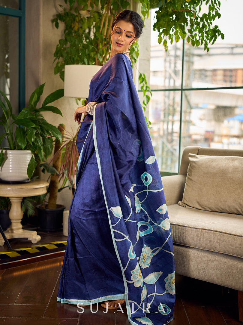 Minimalist Navy Pure Silk Saree with Painted Floral Pallu & Light Blue Trim
