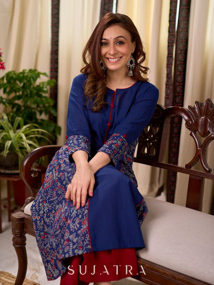 Solid Navy Blue Cotton Princess Panel A-line Kurta with Ethnic Warli Print
