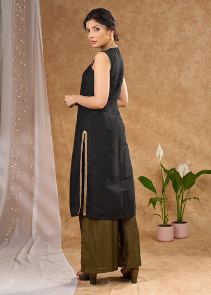 Stylish black cotton silk sleeveless kurta - Tissue palazzo optional