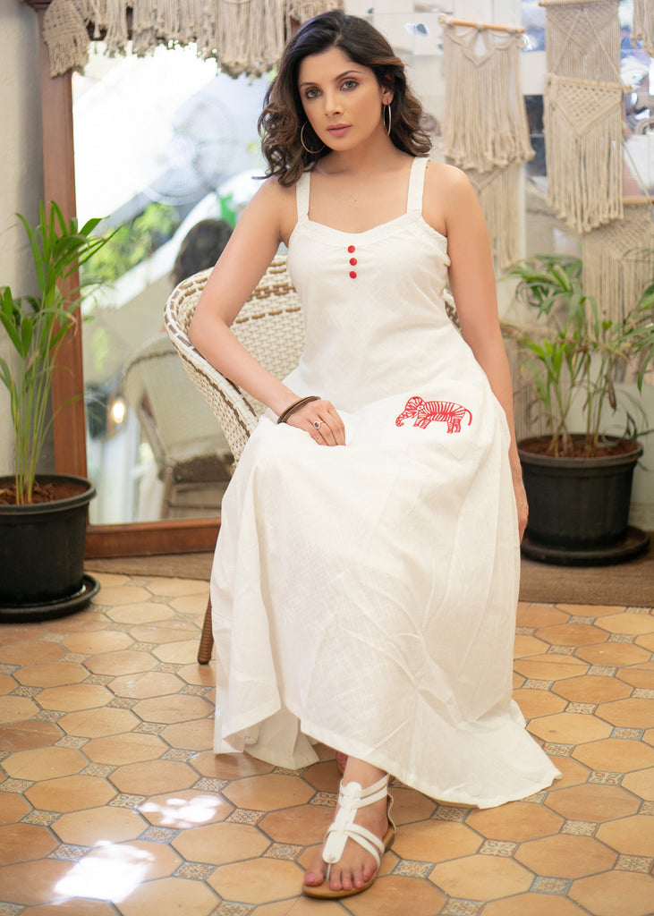 Trendy White Cotton Strappy Embroidered Motif  Dress with Inner