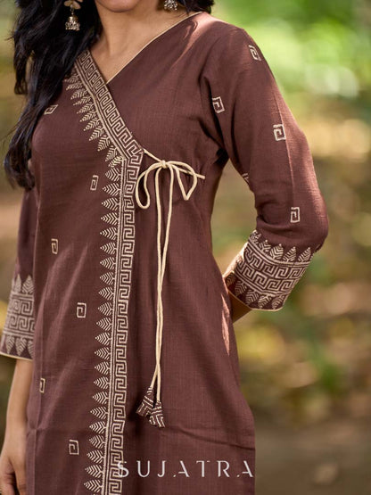 Modern Brown Cotton Overlapping Kurta with Statement Border Hand Block Design