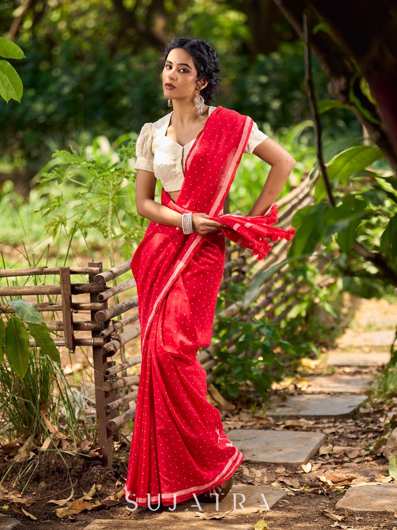 Striking Red Cotton Saree with Minimal Floral & Polka Print