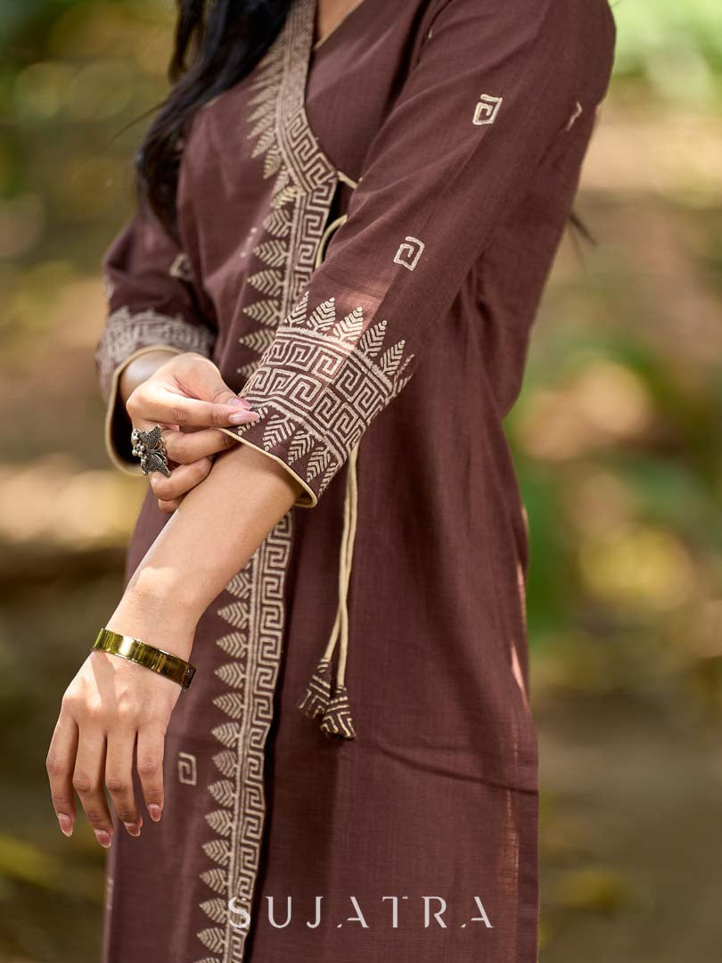 Modern Brown Cotton Overlapping Kurta with Statement Border Hand Block Design