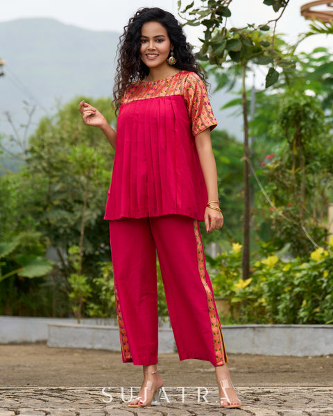 Blush Brocade Pleated Cotton-Silk Top with Additional Slit Pants