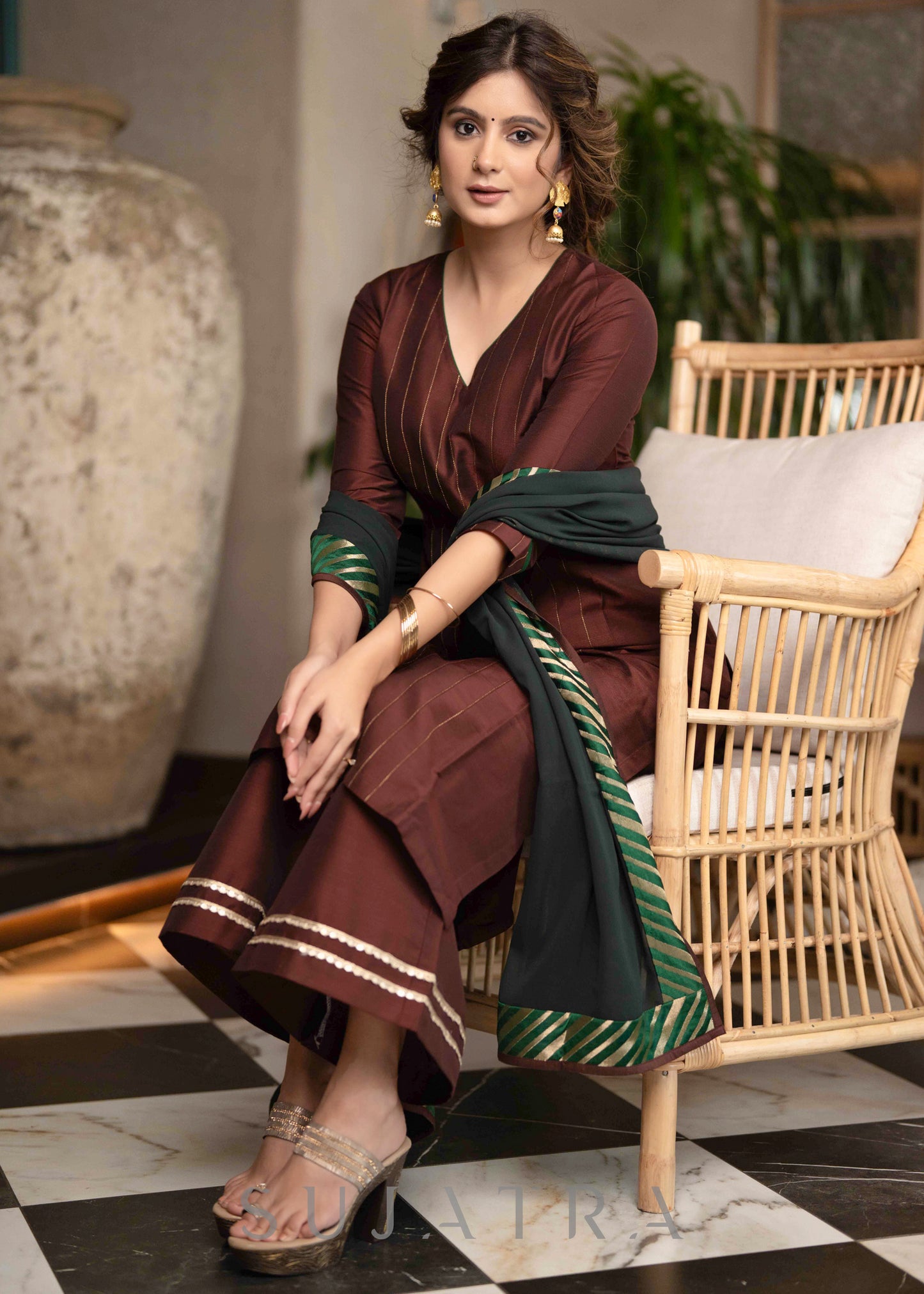 Stylish Brown Cotton Silk Kurta With Pin tucks In Front & Emerald Green Detailing