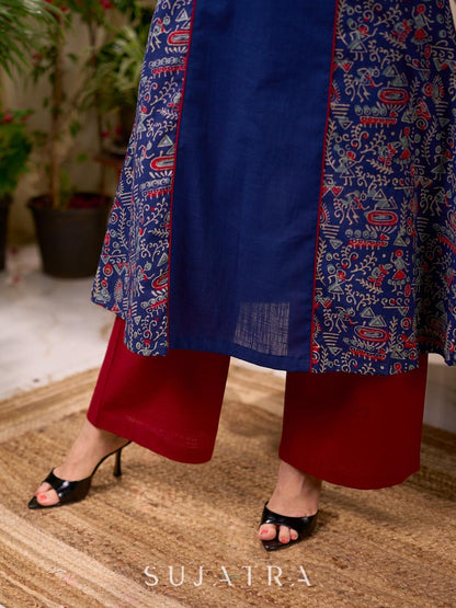 Solid Navy Blue Cotton Princess Panel A-line Kurta with Ethnic Warli Print