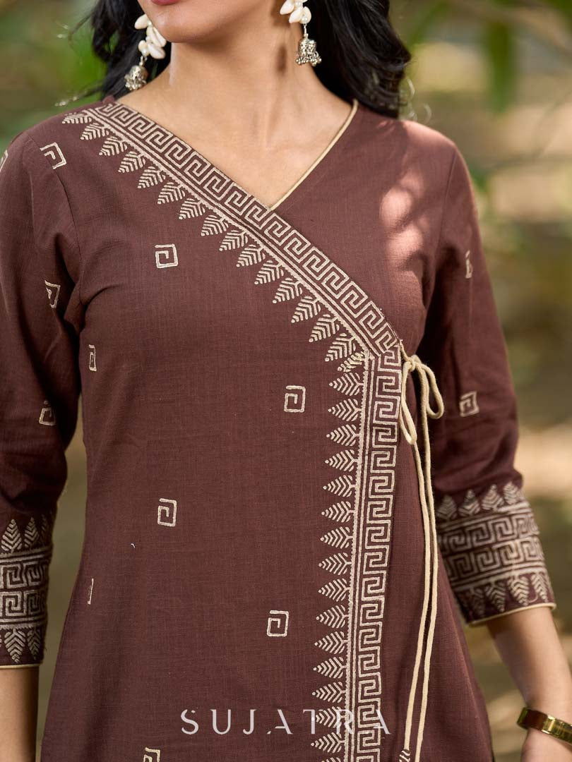 Modern Brown Cotton Overlapping Kurta with Statement Border Hand Block Design