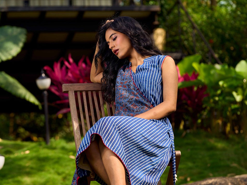 Elegant Ajrakh and Striped Indigo Cotton Wrap Dress with Tie-Up Accents