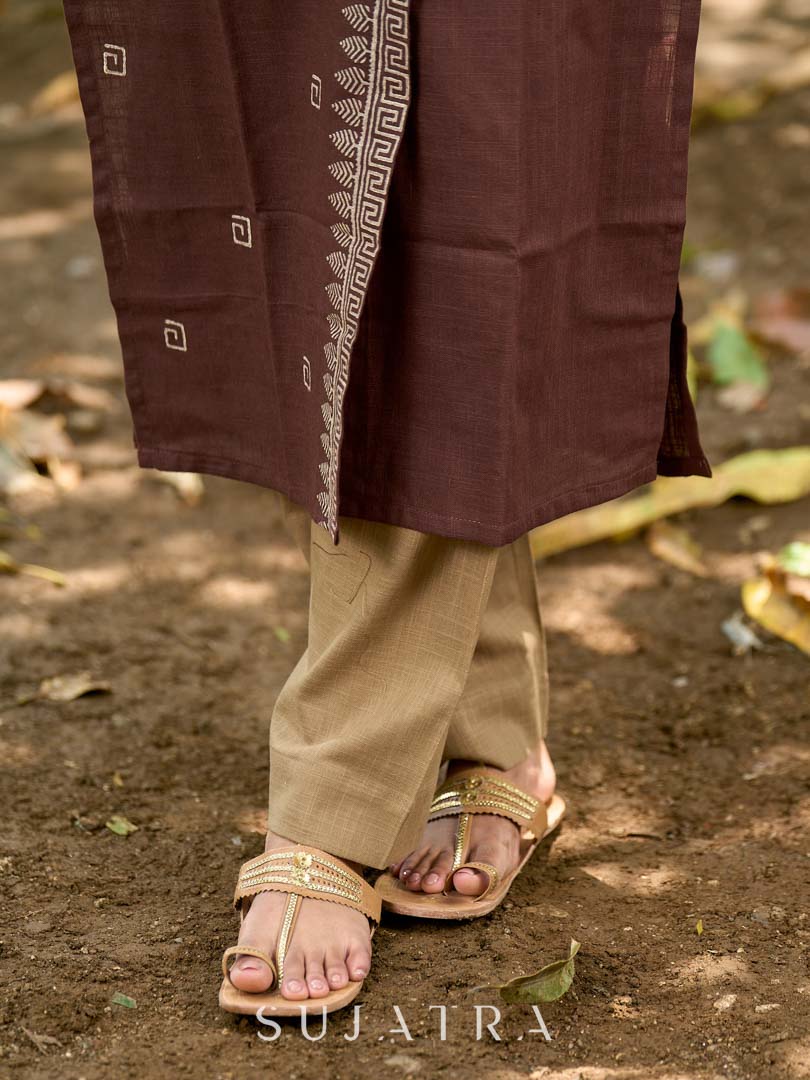 Modern Brown Cotton Overlapping Kurta with Statement Border Hand Block Design