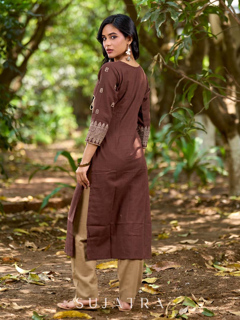 Modern Brown Cotton Overlapping Kurta with Statement Border Hand Block Design