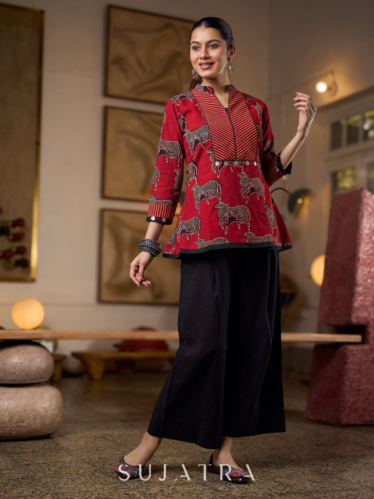 Luxe Maroon Ajrakh Animal Motif Top with Maroon Line Yoke and Silver Embellishments