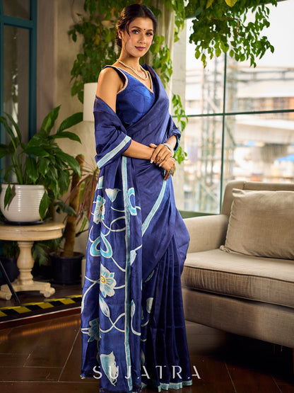 Minimalist Navy Pure Silk Saree with Painted Floral Pallu & Light Blue Trim