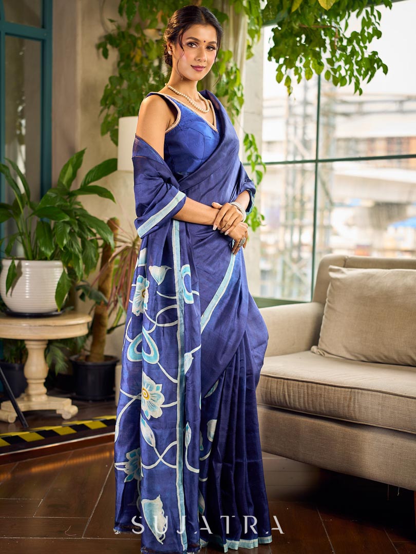 Minimalist Navy Pure Silk Saree with Painted Floral Pallu & Light Blue Trim