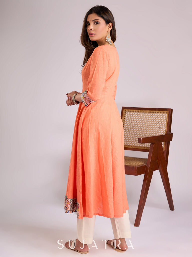 Elegant Peach Cotton Kurta with Madhubani Border & Hand Painted Neckline Detailing