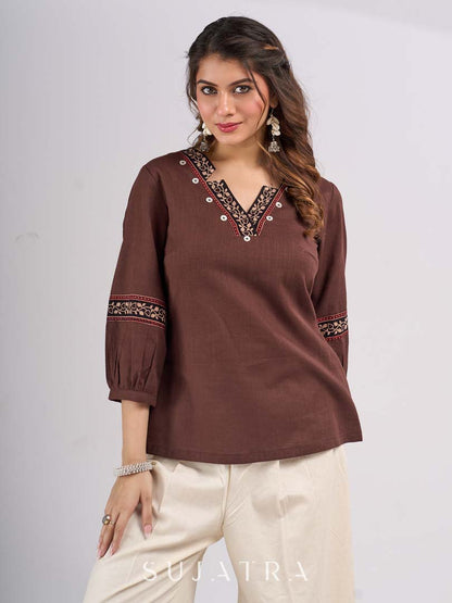 Classic Brown Cotton Top with Contemporary Neckline Highlighted with Ajrakh Border