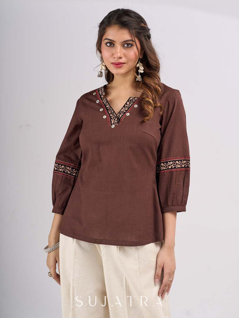 Classic Brown Cotton Top with Contemporary Neckline Highlighted with Ajrakh Border