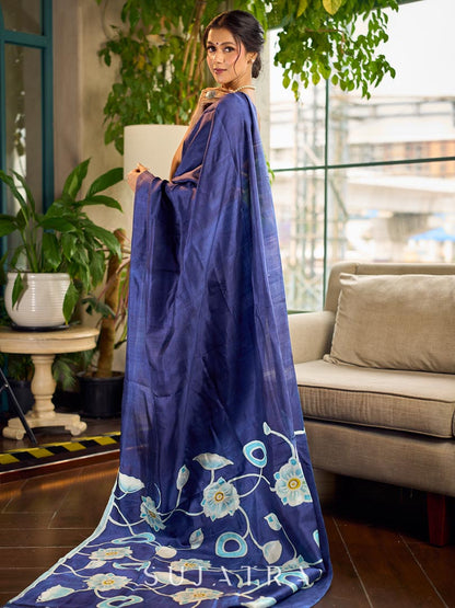 Minimalist Navy Pure Silk Saree with Painted Floral Pallu & Light Blue Trim