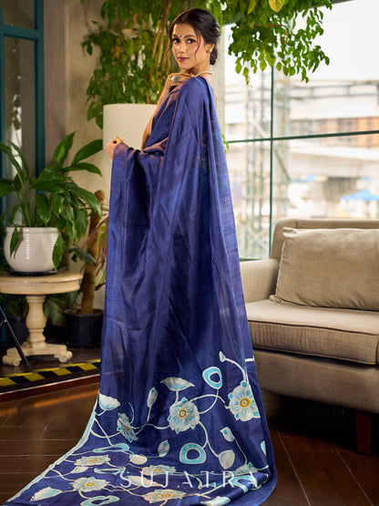 Minimalist Navy Pure Silk Saree with Painted Floral Pallu & Light Blue Trim