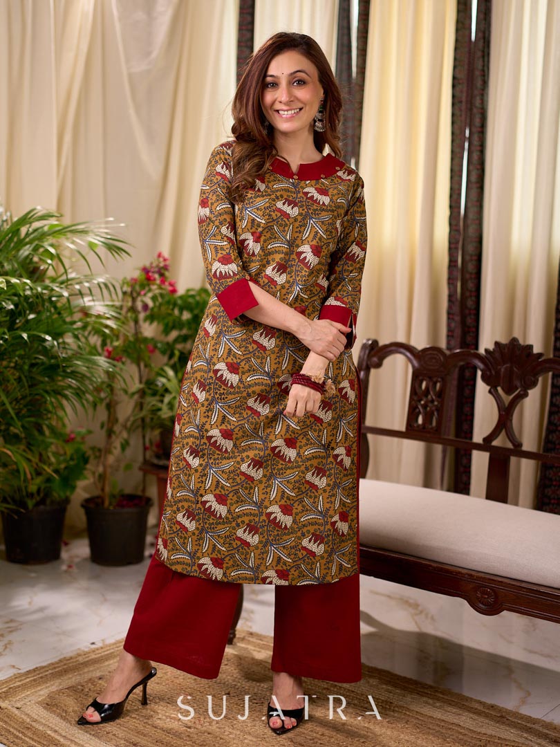 Mustard Floral Print Cotton Kurta with Maroon Collar and Cuff Detail