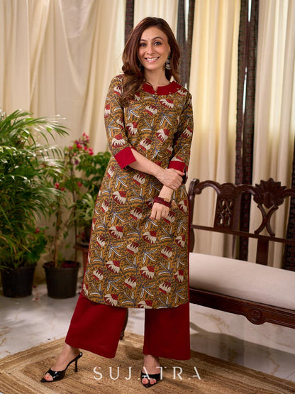 Mustard Floral Print Cotton Kurta with Maroon Collar and Cuff Detail