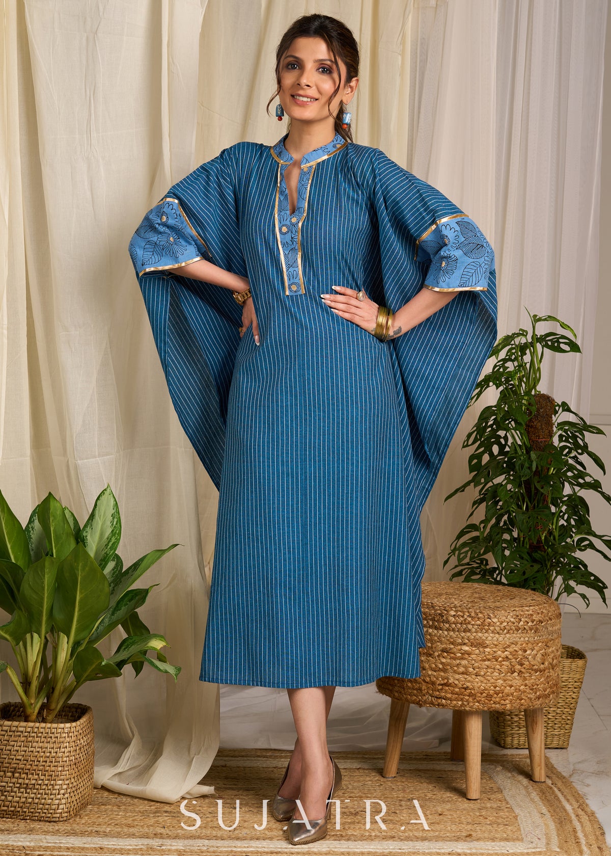 Flowy striped cotton blue kaftan with delicate floral block prints and golden accents - Pant Optional
