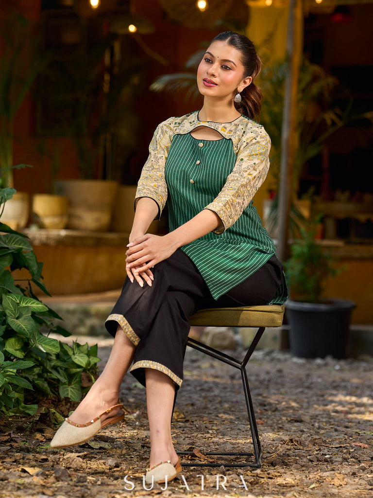 Vibrant green Ikat Madhubani short kurta featuring a stylish cut neckline