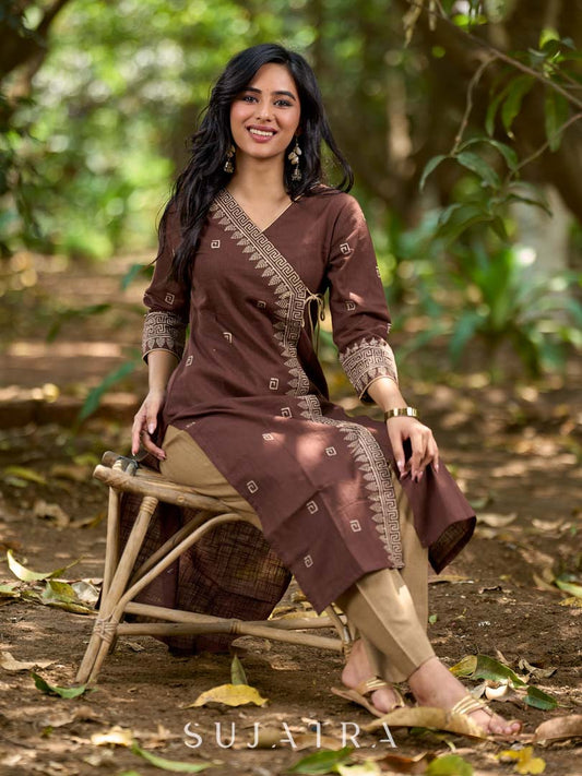 Modern Brown Cotton Overlapping Kurta with Statement Border Hand Block Design